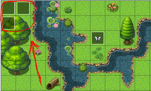RPG Maker demo map with the day-night cycle setup events placed in the top-left corner: one Autorun and two Parallel events.