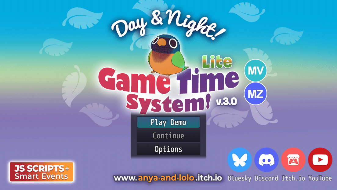 Day & Night Game Time System Lite title screen for RPG Maker with MV and MZ compatibility badges.