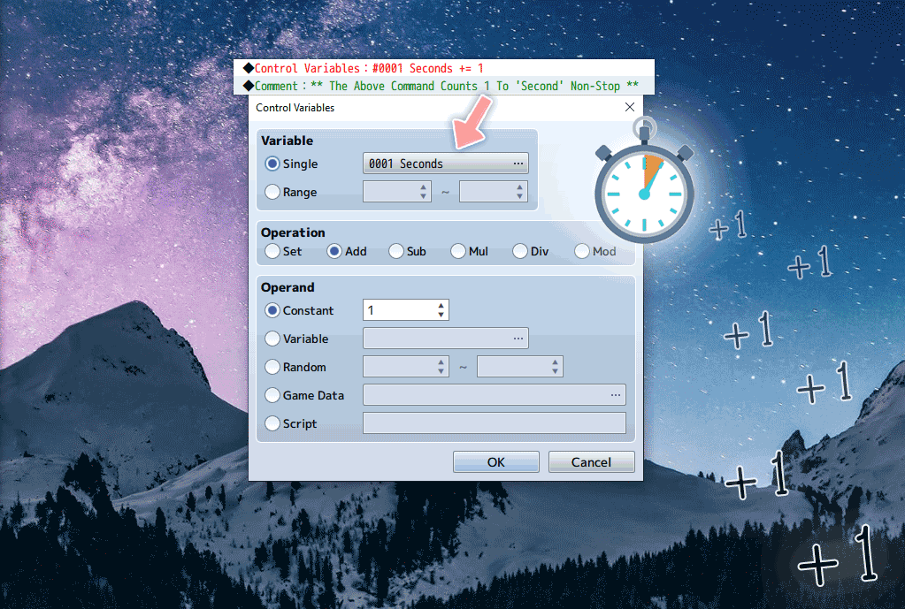 RPG Maker event command configuring variable Seconds to increment by 1 each tick.