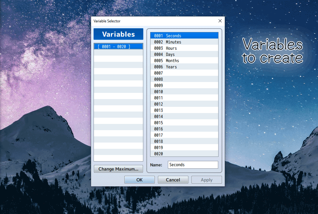 RPG Maker variables tracking seconds, minutes, hours, and days