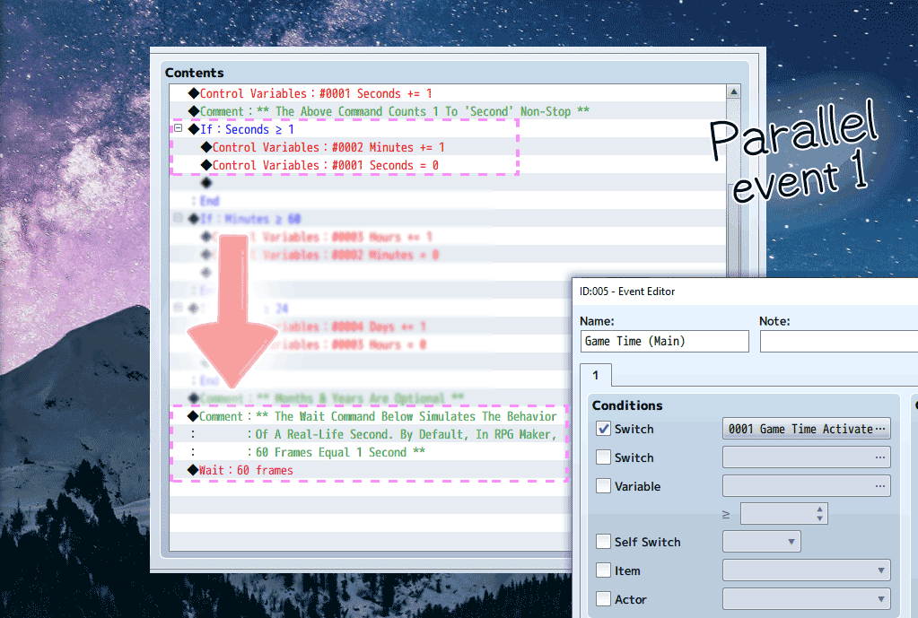 RPG Maker event commands for parallel event #1 optimizations