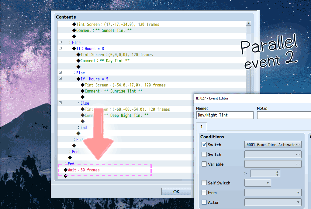 RPG Maker event commands for parallel event #2 optimizations