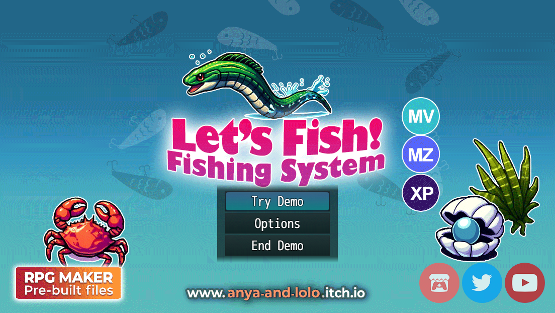 Let's Fish! Fishing System title screen for RPG Maker with MV, MZ and XP compatibility badges.