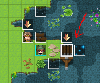 RPG Maker demo map showing the pier and sparkling fishing spots where the player can cast.