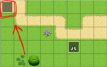 RPG Maker demo map with an arrow pointing to the Autorun event in the top-left corner.