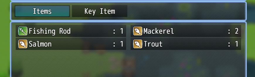RPG Maker Change Items command adding the caught fish to the player's inventory.