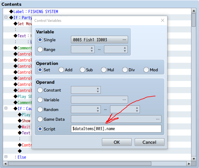 RPG Maker Control Variables command using a script to store an item's database name.