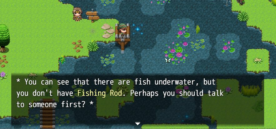RPG Maker show text message telling the player they need a fishing rod before they can fish.