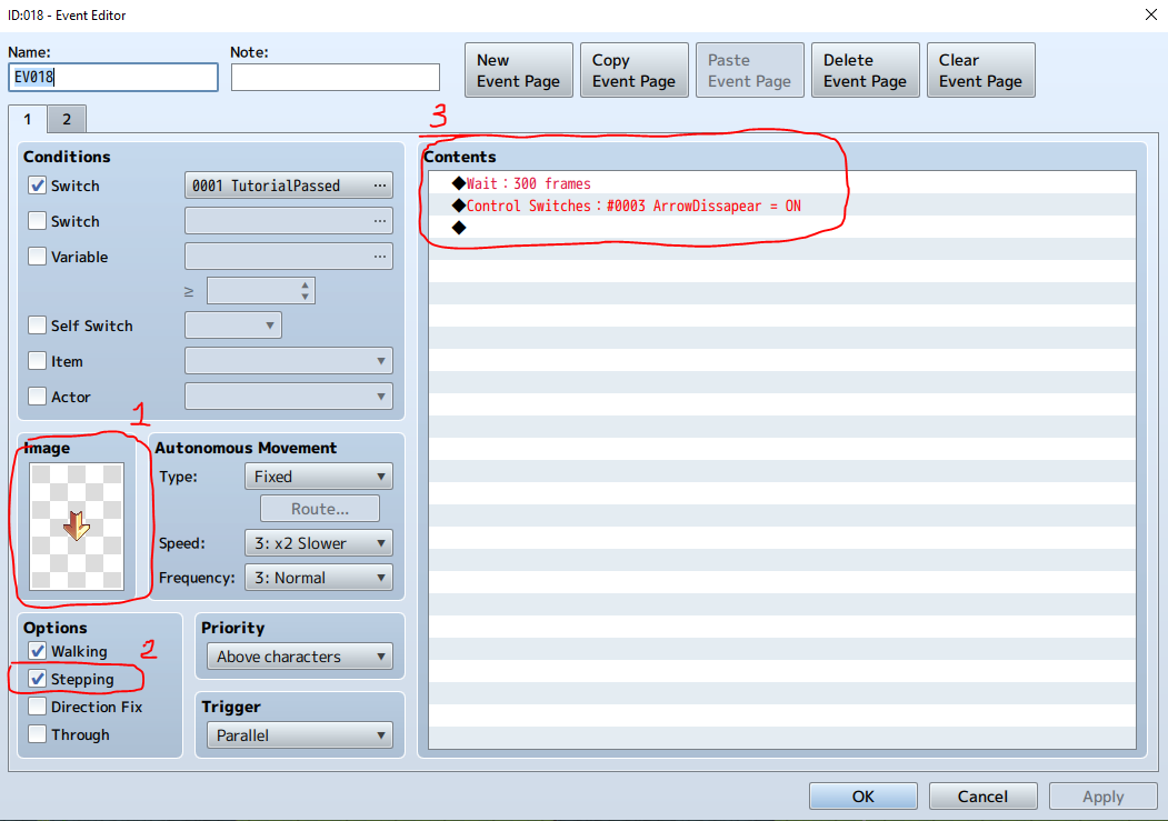 RPG Maker event commands setting up an animated pointing arrow with a wait and a switch.