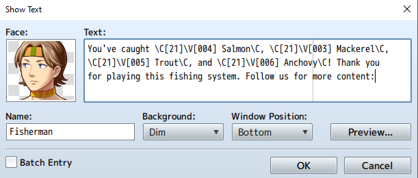 RPG Maker variables showing fish counts for a fishing score check.