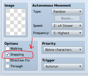 RPG Maker event page using an animated water graphic with Stepping Animation enabled.