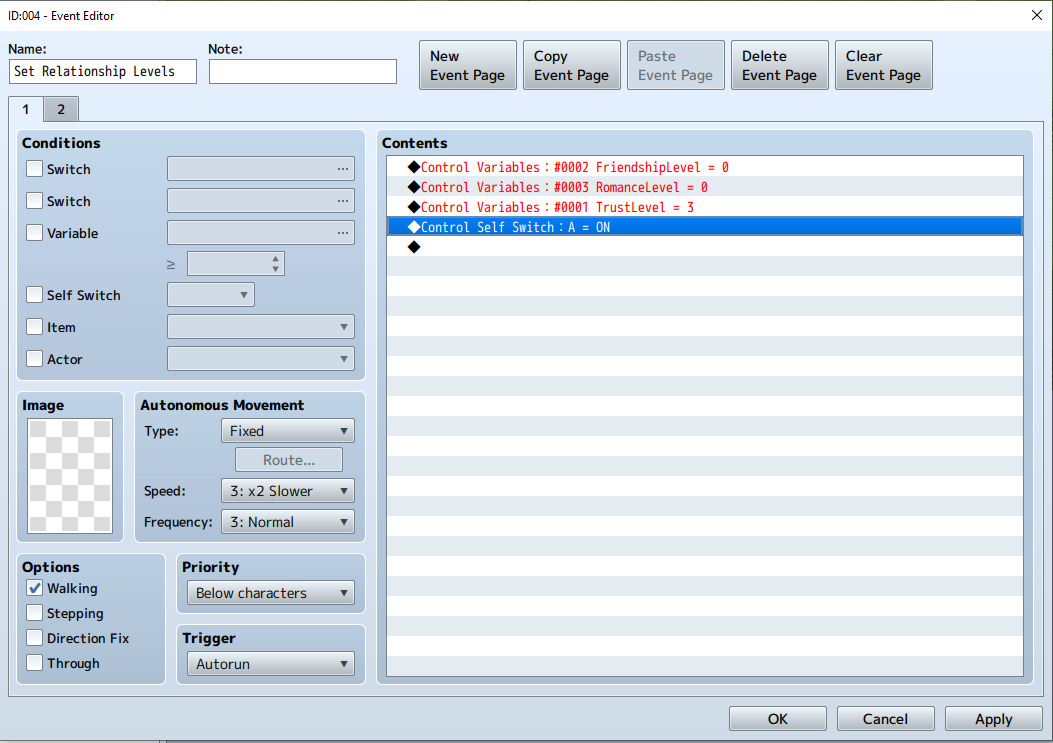 RPG Maker Autorun event Page 1 setting the relationship variables and Self Switch A.