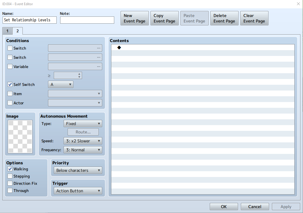 RPG Maker blank Page 2 with a Self Switch A condition that stops the Autorun.
