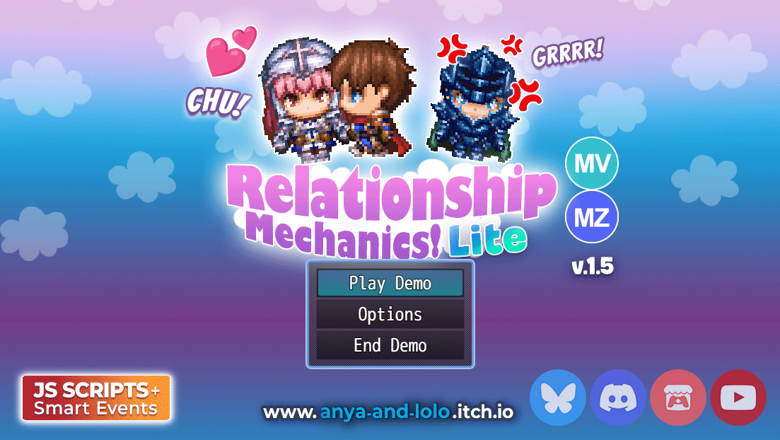 Relationship Mechanics Lite title screen for RPG Maker with MV and MZ compatibility badges.