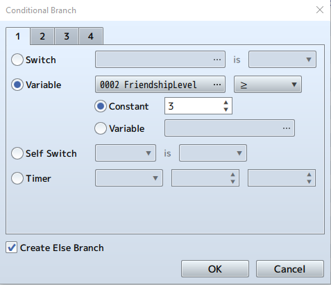 RPG Maker Conditional Branch checking if FriendshipLevel is greater than or equal to 3.