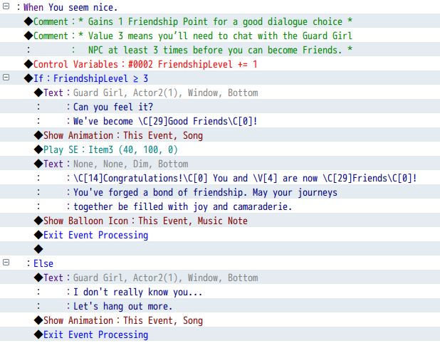 RPG Maker completed Friendship branch with celebration and progress messages.
