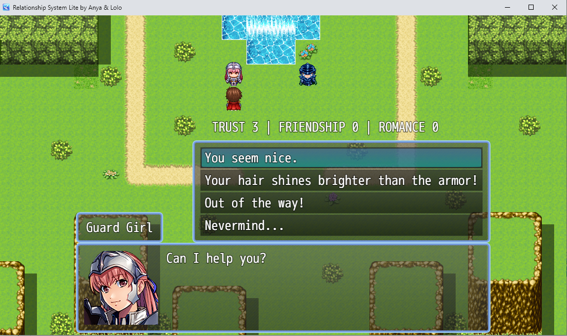 RPG Maker game screen showing the Trust, Friendship and Romance HUD above the dialogue.