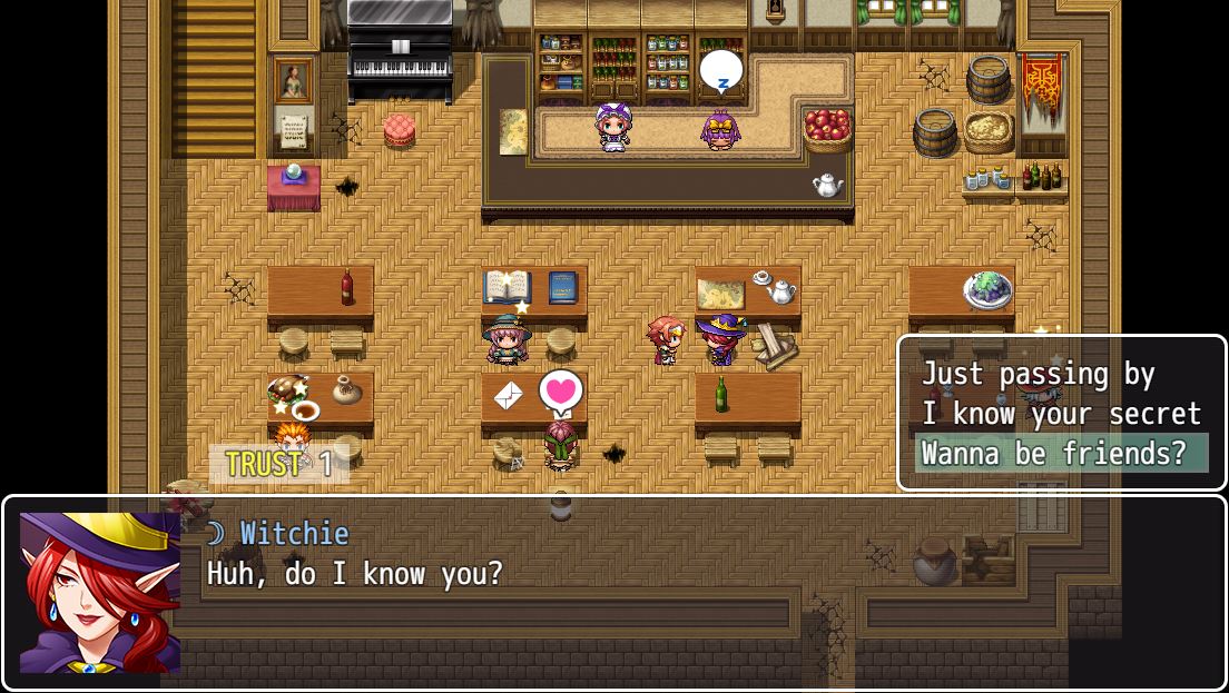 RPG Maker Relationship System Pro demo: meeting Witchie in a tavern with a Trust meter and dialogue choices like 'Wanna be friends?'