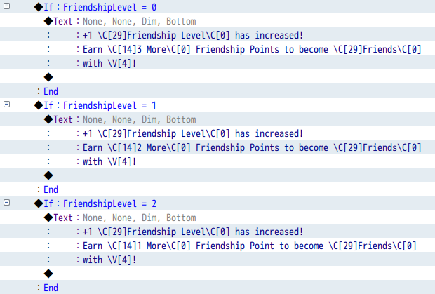 RPG Maker nested conditionals showing remaining friendship points to the next milestone.