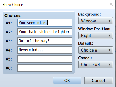 RPG Maker Show Choices command with four dialogue options and default/cancel settings.