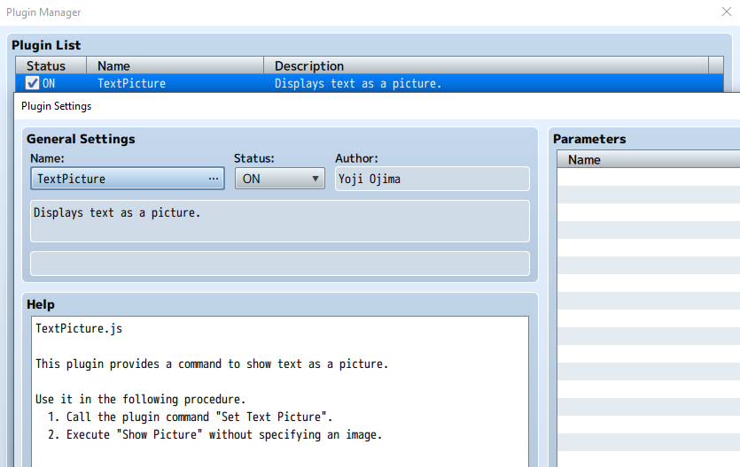RPG Maker Plugin Manager with the TextPicture plugin enabled.