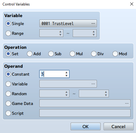 RPG Maker Control Variables commands creating the Trust, Friendship and Romance trackers.