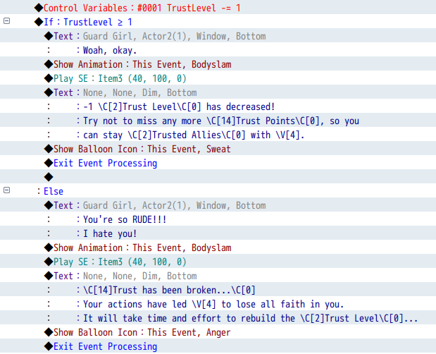 RPG Maker conditional branches showing the trust warning and broken-trust messages.